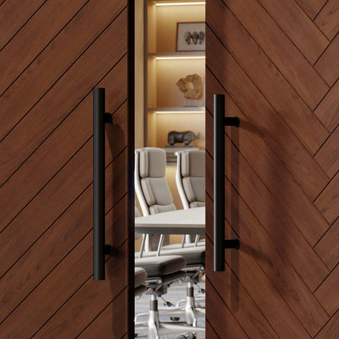 36-Inch Stainless Steel Push Pull Door Handle Black H Shape on wooden doors in an office setting; shows handles from front view.