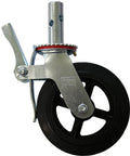 Heavy Duty 8 Inch Rubber Scaffold Caster Wheels Set Of Four Rock Solid Swivel Casters With Dual Brakes And Greaseable Bearings Built Tough For The Daily Grind 800 Lb Capacity, close-up of caster with brake.