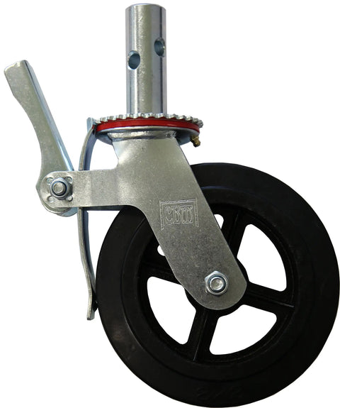 Heavy Duty 8 Inch Rubber Scaffold Caster Wheels Set Of Four Rock Solid Swivel Casters With Dual Brakes And Greaseable Bearings Built Tough For The Daily Grind 800 Lb Capacity, close-up of caster with brake.