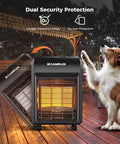 Outdoor Propane Patio Heater With 3 Heat Settings, 6,000 12,000 18,000 BTU, showing dual security protection in outdoor setting