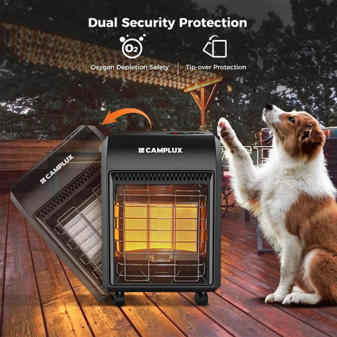 Outdoor Propane Patio Heater With 3 Heat Settings, 6,000 12,000 18,000 BTU, showing dual security protection in outdoor setting