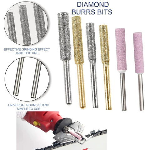 20 Piece Chainsaw Sharpening Kit With Diamond Burr Files And Angle Guide showing various burr bits and sharpening rotary tool