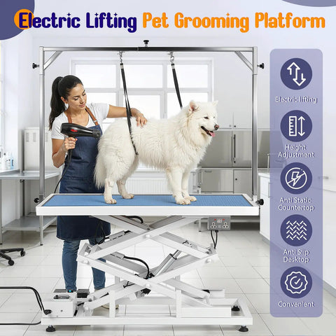 Huge Heavy Duty Electric Pet Grooming Lift Table With Double Scissor Blue Top, Height Adjustable Dog Station For Large Dogs And Cats, 264 LBS Capacity, Foot Control loops And Storage Drawer, Total Game Changer with a groomer and dog.