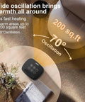 Portable 1500W PTC Space Heater With 70 Degree Rotating Head in room showing oscillation and heating area coverage of 200 sq. ft.