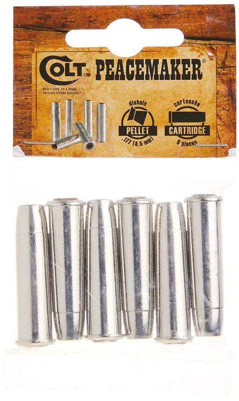 Packaging of Six Spare Pellet Shells for.177 Cal Air Pistol Revolver, Silver finish, fits Peacemaker style pistols
