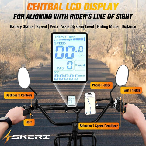 Electric Tricycle For Adults With 750W Peak 1350W Motor And Fat Tire Power 20x4 Folding E Trike 48V 13Ah Battery Three Wheel Ebike With Front And Rear Basket Differential Ultra White Up To 50 Miles In PAS Mode dashboard display, phone holder, twist throttle, and Shimano 7-speed controls