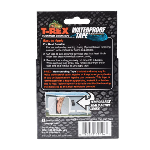 Back packaging of T-Rex waterproof tape showing application instructions and barcode