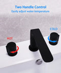 Three Piece Widespread Bathroom Faucet With 3 Holes Deck Mount Matte Black Finish, 360 Degree Swivel Spout, Dual Non Slip Handles