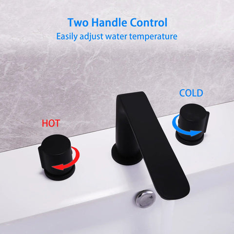 Three Piece Widespread Bathroom Faucet With 3 Holes Deck Mount Matte Black Finish, 360 Degree Swivel Spout, Dual Non Slip Handles
