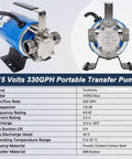 115V 1/10 HP Powerful Water Transfer Pump With Hose Kit, 330 GPH drain pump, non-submersible design, three quarter inch discharge, product specs shown