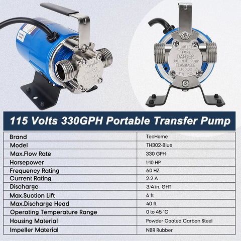 115V 1/10 HP Powerful Water Transfer Pump With Hose Kit, 330 GPH drain pump, non-submersible design, three quarter inch discharge, product specs shown