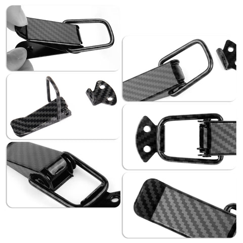 Collage of 2 Pack Car Bumper Clips Hook Lock Kit with Carbon Fiber Hood Pins Toggle Clamp, close-up angles showing material and design.