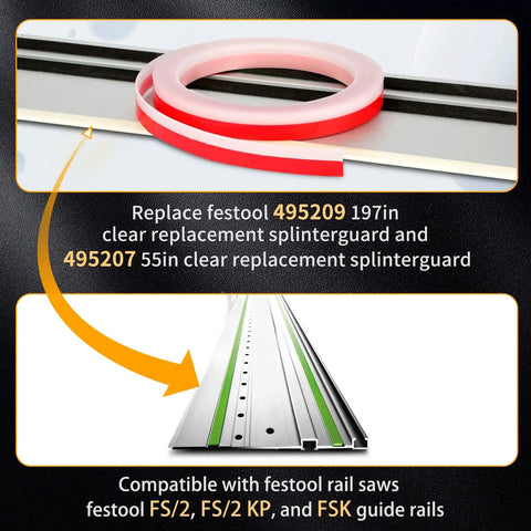 Splinter Guard Replacement Strip FS SP 5000 For Track Saw Guide Rails showing installation on Festool rail saw guide