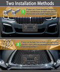 Two installation methods for license plate bracket holder front mounting kit for universal bumper with screw cap and cable ties.