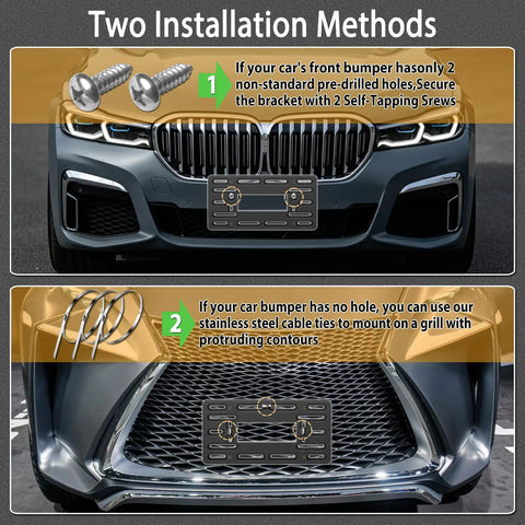 Two installation methods for license plate bracket holder front mounting kit for universal bumper with screw cap and cable ties.