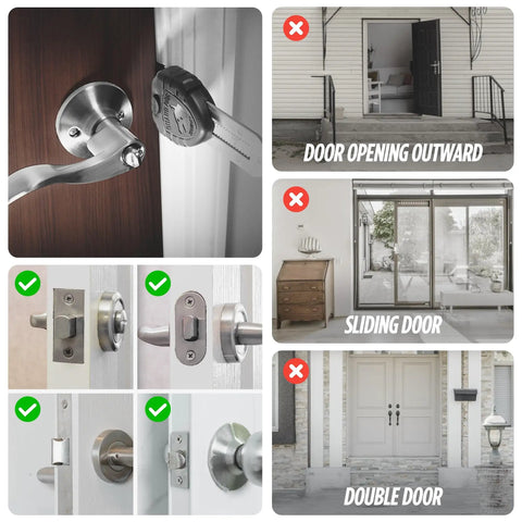 Blocklock Portable Door Lock for Travelers and Renters shown on compatible doors, not suitable for outward opening, sliding, or double doors