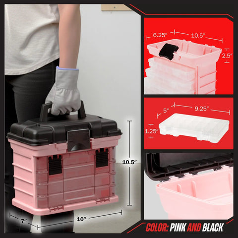 Person carrying Pink Tool Box Organizer With Removable Compartments For Crafts Beads Screws And Small Tools