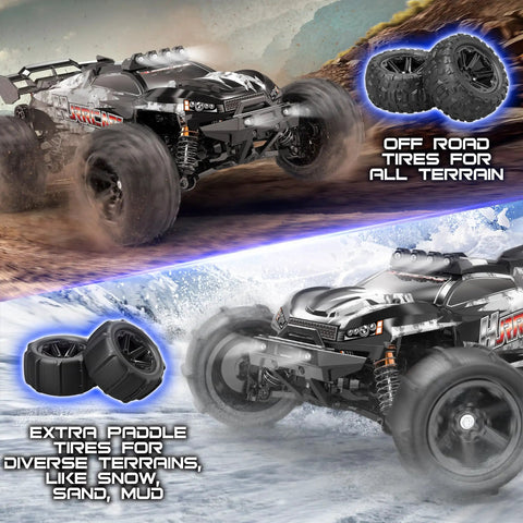 All Terrain RC Truck For Adults And Kids, 4WD Waterproof Remote Control Car with extra paddle tires in snow and mud settings.