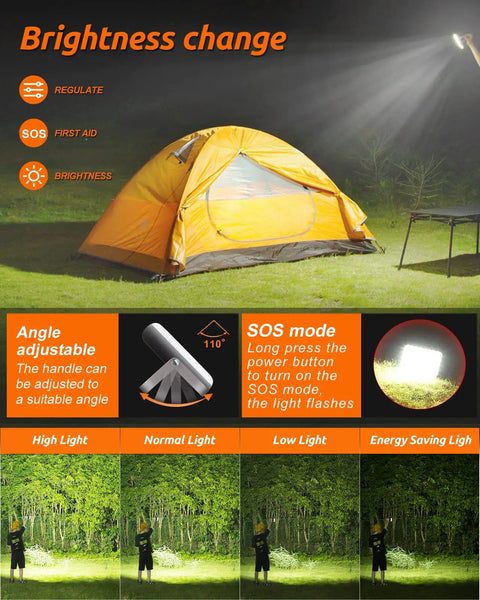Beast 20,000mAh Portable LED Work Light And Camping Lantern lighting a tent and grassy area with brightness settings displayed.