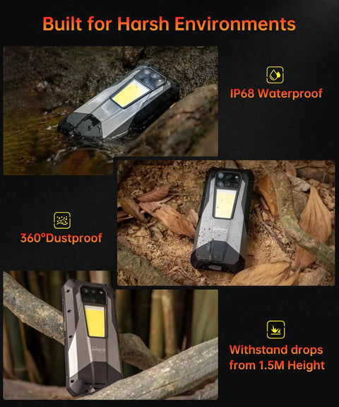 Badass Rugged Smartphone With 5G And Knockout 23800mAh Battery Running Android 15 Featuring Integrated Pocket Projector in water and dirt.