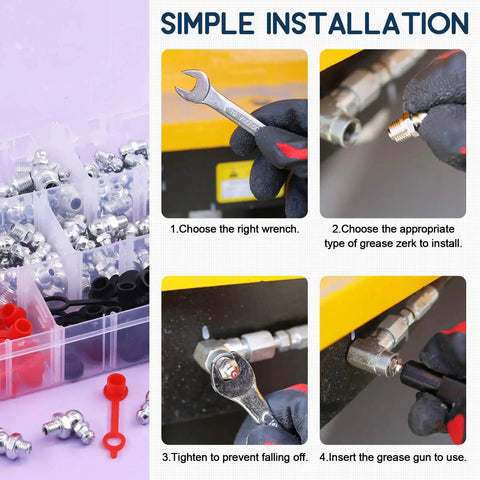 SAE Hydraulic Grease Fittings Kit With Plastic Caps installation guide showing tools and steps in use