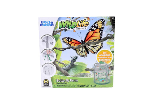 Packaging of Butterfly Farm Live Habitat Kit For Kids Watch Caterpillars Turn Into Butterflies STEM Toy for ages 6 plus.