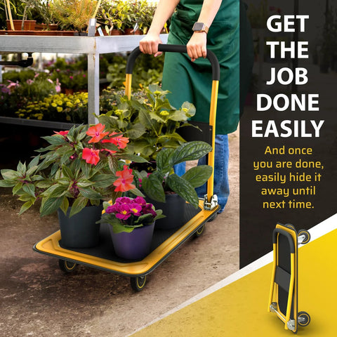 Heavy Duty Foldable Push Cart Dolly 330 Lb Capacity With Upgraded Collapsible Hand Truck in use with potted plants in a garden center