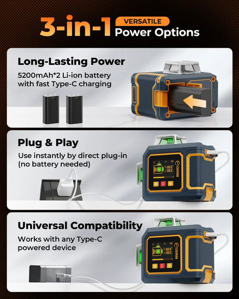 Green Laser Level With Three 360 Degree Coverage, Twelve Line Self Leveling, Bluetooth App Remote, Pulse Mode For Receiver, Accurate To One Eighth Inch At Thirty Three Feet, Dual Li Ion Batteries USB C, One Quarter Inch Mount, IP54 Case showing power options with batteries and Type-C charging.