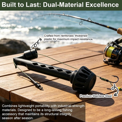 Fishing rod and Magnetic Fly Threader For Fly Fishing Leader Stringing And Knotting Tools on wooden deck near ocean.