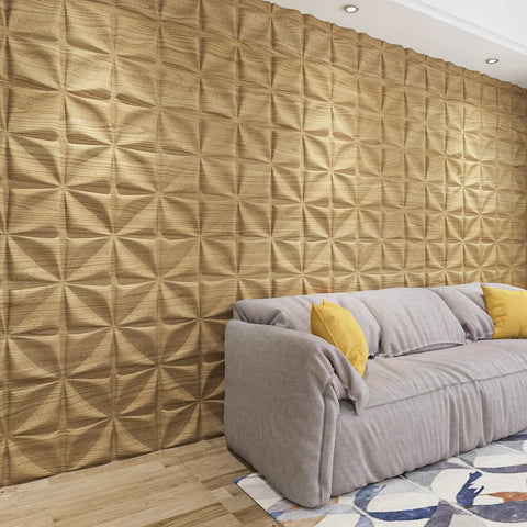 Living room with brown wood 3D flower PVC wall panels set of 12 covers 32 sq ft dope home decor for living room bedroom office lobby easy glue