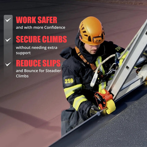 Firefighter securing ladder with Roof Ladder Stabilizer Hook For Gutter With Slide Lock Instantly Secures Ladders In 5 Seconds