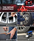 Car emergency safety kit collage with digital air compressor, tire pressure gauge, tire plug kit, and work gloves.