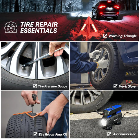 Car emergency safety kit collage with digital air compressor, tire pressure gauge, tire plug kit, and work gloves.