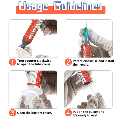 Sn63 Pb37 Tin Lead T4 Solder Paste No Clean 183C Melting Point 30g instructions, showing hand installing needle on syringe