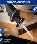 WORKPRO 32-Piece reciprocating saw blade set installed in a saw for metal and wood cutting with organizer pouch