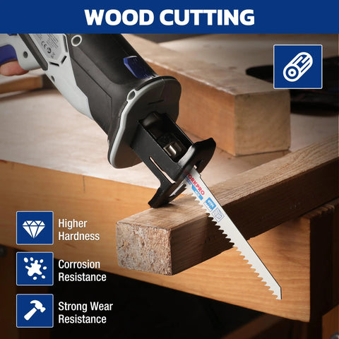 WORKPRO 32-Piece reciprocating saw blade set installed in a saw for metal and wood cutting with organizer pouch