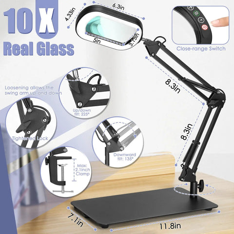 10X Square Magnifying Glass With Light And Stand Real Glass LED Magnifier With Clamp 5 Color Modes Stepless Dimmable Brightness