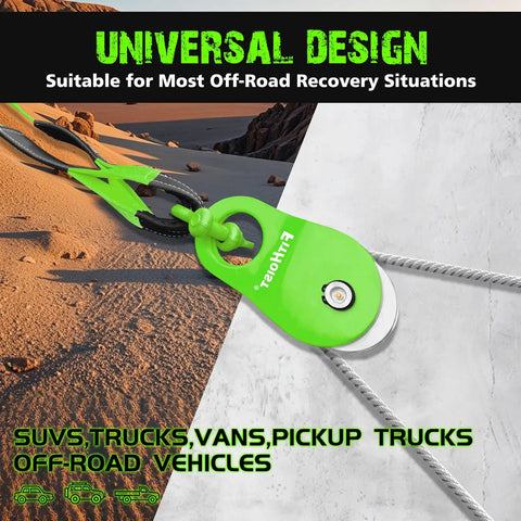 Offroad Recovery Kit With Snatch Block Pulley Ten Ton, Tree Saver Strap Three Inch By Eight Foot, And D Ring Shackles Three Quarter Inch on winch line
