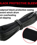 Black protective sleeve on Beefed-Up Heavy-Duty Synthetic Winch Rope 50 Ft Quarter Inch, 10,000 Lb Load Rating For ATV SUV And Truck.