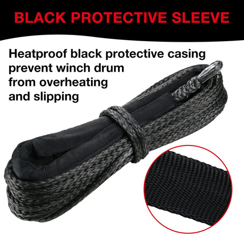 Black protective sleeve on Beefed-Up Heavy-Duty Synthetic Winch Rope 50 Ft Quarter Inch, 10,000 Lb Load Rating For ATV SUV And Truck.