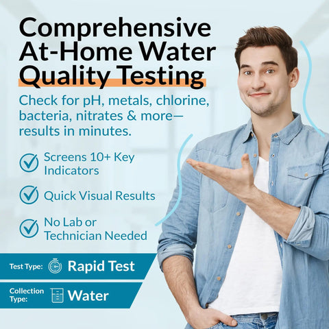 At Home Water Testing Kit For Drinking Water Quality With 15 Plus Parameters Including pH Hardness Chlorine Bacteria Iron Copper Nitrates And More Fast Easy Lab Grade Results For Well City Or Tap Water packaging with smiling man pointing
