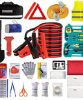 Emergency Roadside Tool Kit With Jumper Cables And Shovel Auto And Truck Vehicle Safety Kit Bag For Men And Women With First Aid Kit Winter Basic Roadside Essentials For On The Go displayed with contents including shovel, cables, and first aid supplies.