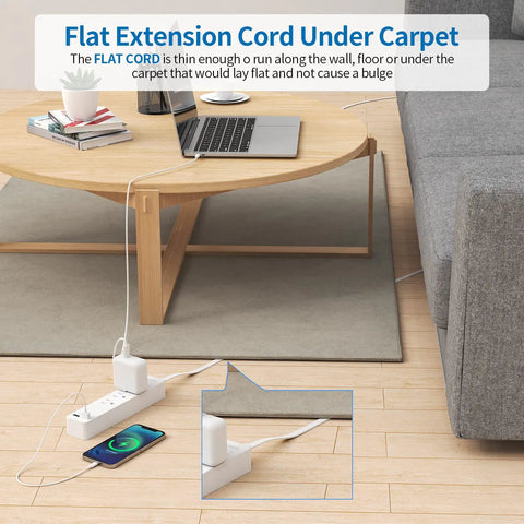 Ultra Thin Flat Extension Cord 10 Ft With 3 Outlets And 2 USB Low Profile Rug Under Carpet Power Strip in living room
