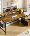 56.5 Inch Rustic Brown Office Desk With Drawers Printer Space And Filing Cabinet Shelves And Two Monitor Stand for home office