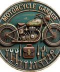 Sick Motorcycle Garage Metal Sign Round Industrial Plaque For Workshop Wall Decor Grease Resistant Biker Boss Gift with vintage motorcycle design and tools.
