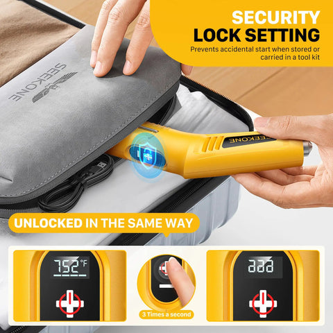 Mini Cordless Heat Gun With Four Temperature Settings Up To 752 F USB Rechargeable Hot Air Tool demonstrating lock setting