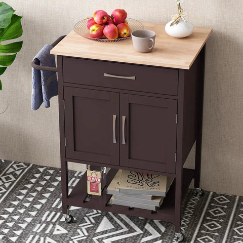 Slick Rolling Kitchen Island Cart With Dope Rubberwood Top And Quick Release Drawer Perfect Go To Coffee Bar Station With Deep Open Shelf And Convenient Towel Rack In Warm Honey Brown