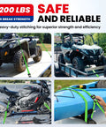 Heavy Duty Ratchet Tie Down Straps 4 Pack 1.6 Inch Wide By 8 Feet Long securing ATVs, motorcycles, and kayaks during transport.