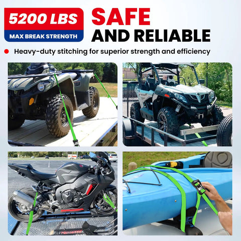 Heavy Duty Ratchet Tie Down Straps 4 Pack 1.6 Inch Wide By 8 Feet Long securing ATVs, motorcycles, and kayaks during transport.
