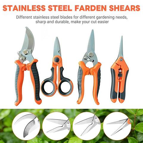 4 Pack Garden Pruning Shears Set With Stainless Steel Blades And Comfort PP TPR Handles, Includes Curved Blade Snips